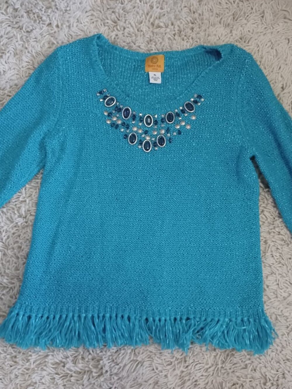 Ruby Rd Petite PL Turquoise Embellished Fringe Knit Sweater Boho Western Top